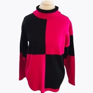 Beautiful Vintage Pink & Black Color Block Turtle Neck Knit Sweater Size M
